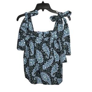 J. Crew Collection Floral Boho Girly Bow Tie Blue Strap Cotton Top Size Medium